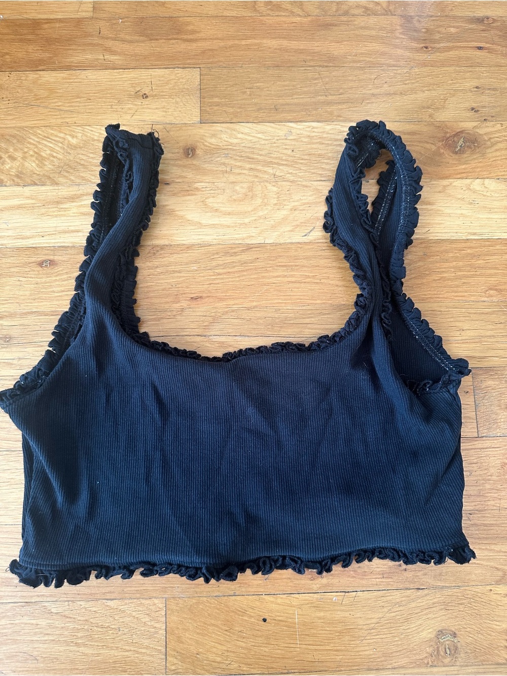 Zara Black Ribbed Ruffle Trim Crop Tank Top